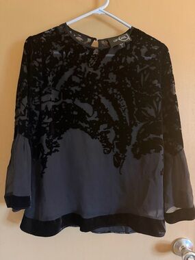 Analili Black Velvet Burnout Blouse with Sheer Navy Panel